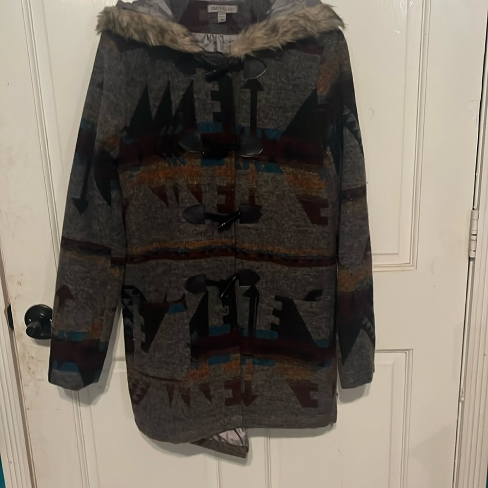 Coat with faux fur hood.